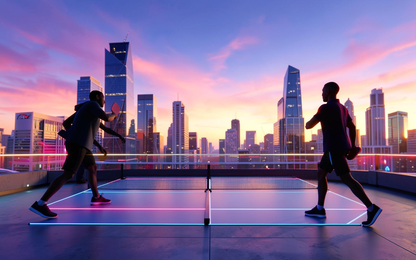 Two stylized players facing off on a rooftop court